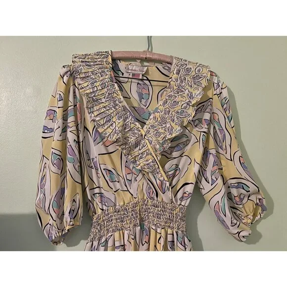 Vintage Anthony Sicari Ruffle Midi Dress Made in USA 80s Pastel Abstract Print P - Picture 8 of 12
